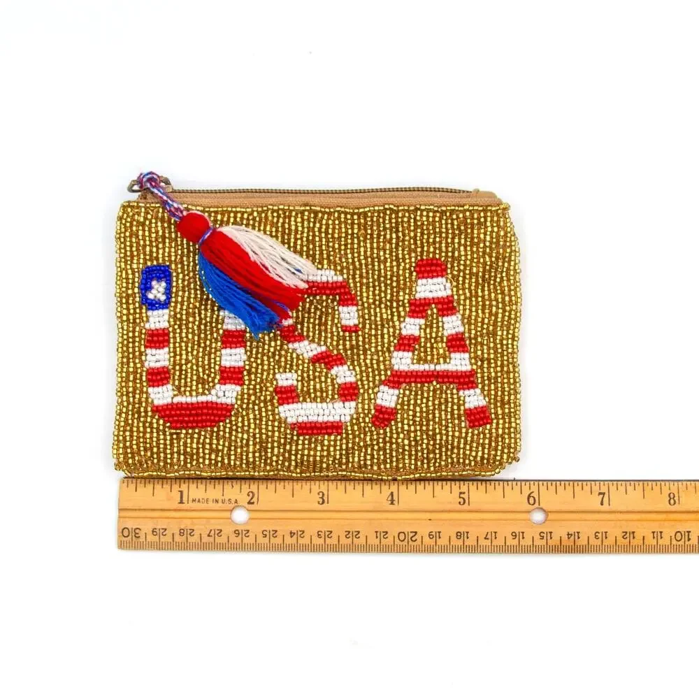 AMERICA & BEYOND USA Beaded Coin Purse Gold Patriotic 4th Of July Change Pouch